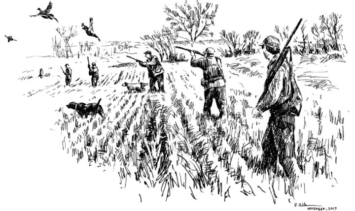 The Shoot by Gordon Allen depicting a hunting party pheasant shooting